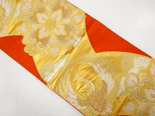 JAPANESE KIMONO / ANTIQUE FUKURO OBI / SILK / WOVEN CRANE & FLORAL CREST